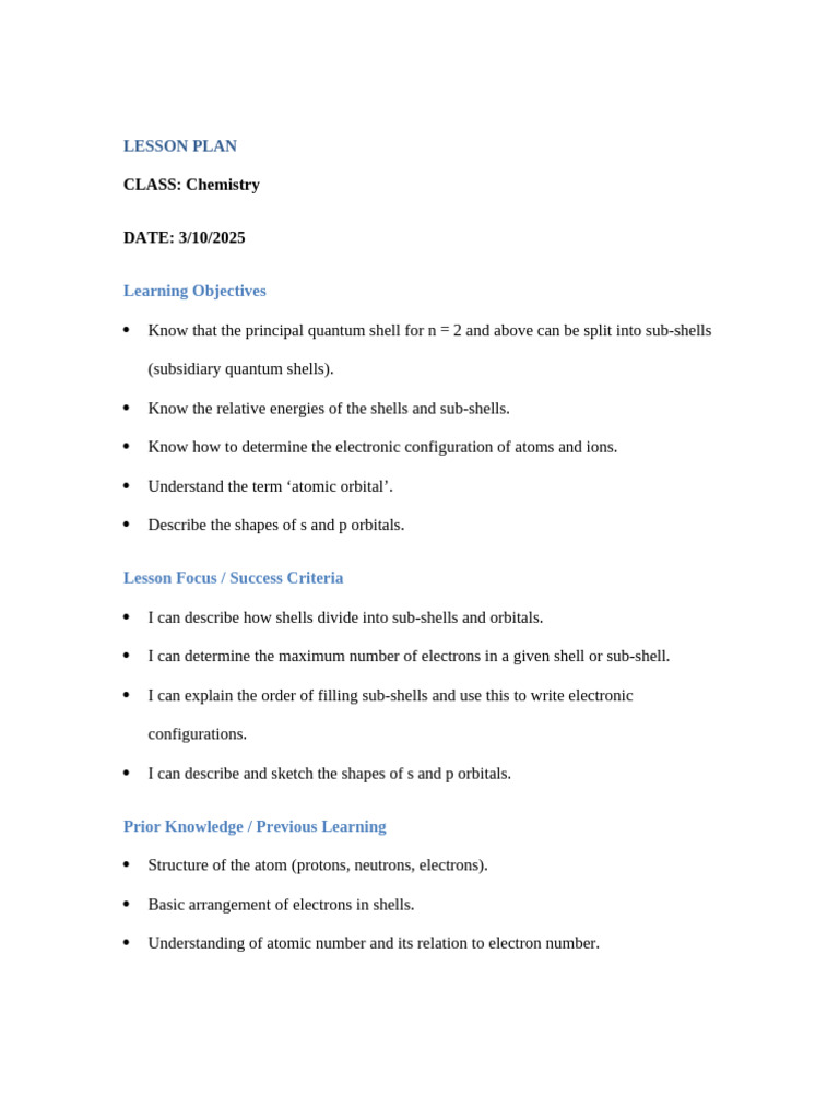 Lesson Plan 6 Shells, Sub-Shells and Orbitals. | PDF | Electron ...