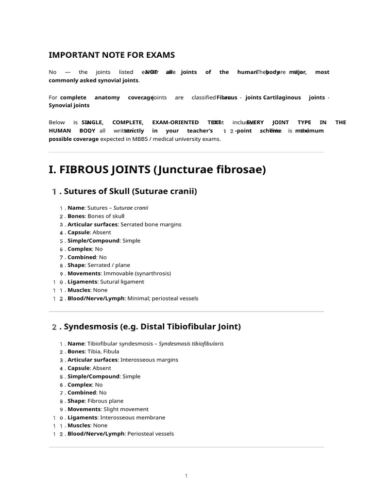 All Human Joints - Complete Exam Notes (12 Point Scheme) | PDF | Joint ...