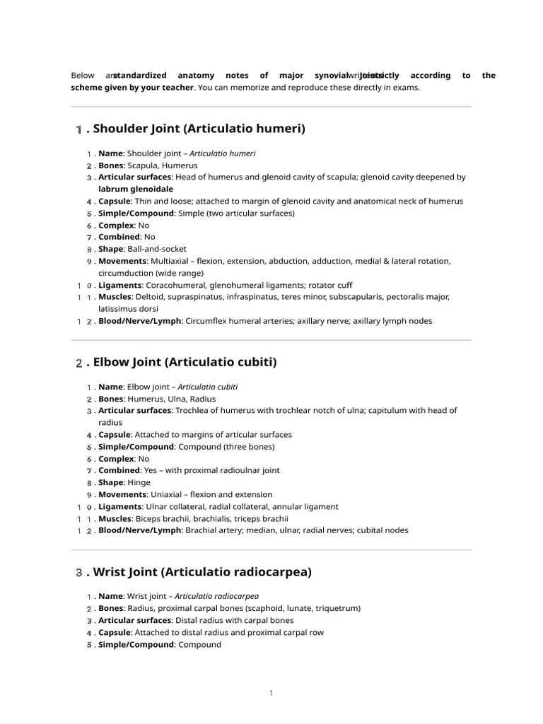 Typical Joint Notes (Exam-Oriented Scheme) | PDF | Elbow | Knee
