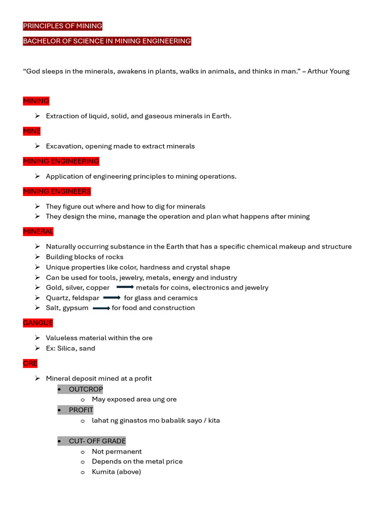 Principles of Mining Notes For q1 | PDF | Mining | Surface Mining
