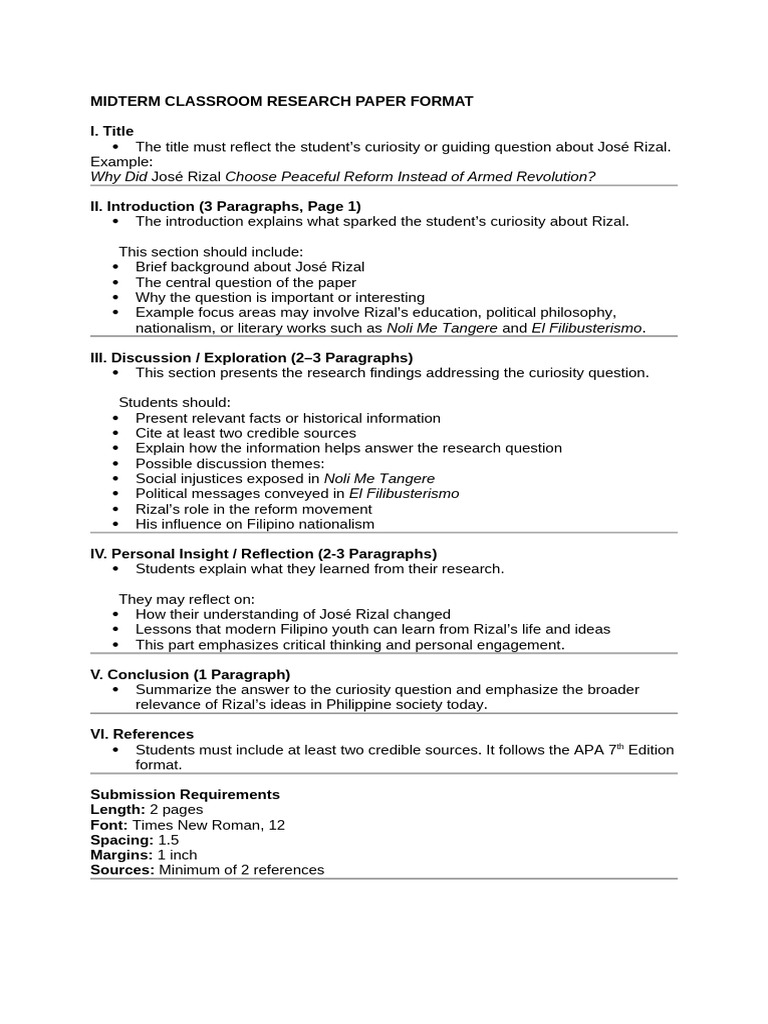 Rizal Midterm Classroom Research Paper Format | PDF