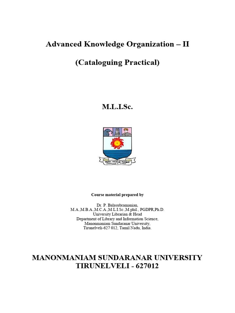 Advanced Knowledge Organisation - II (Cataloguing Practical) | PDF ...