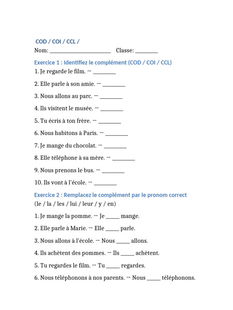 French Worksheet Cod Coi Pronoms | PDF