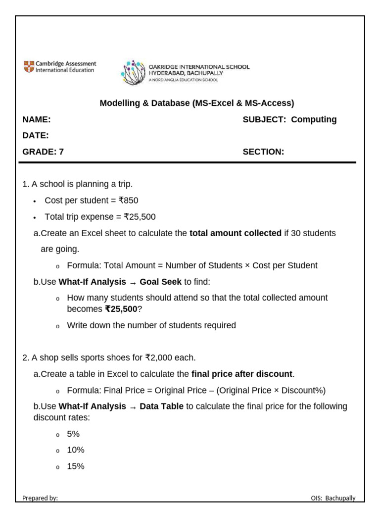MS-EXCEL and MS - Access-Grade7 - REvision Worksheet | PDF | Microsoft ...