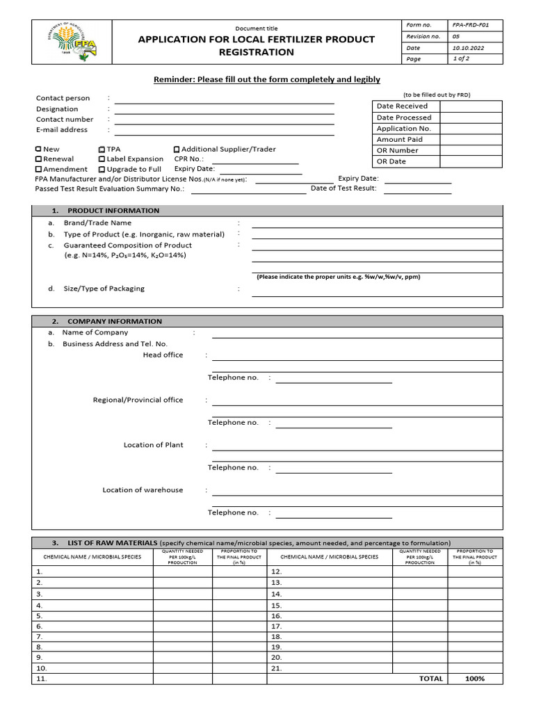 FPA FRD F01 Application For Local Fertilizer Product Registration | PDF