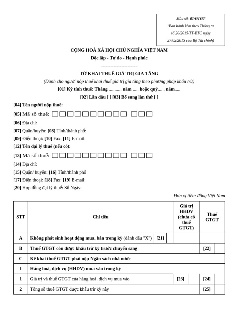 Tờ Khai Thuế Giá Trị Gia Tăng Mẫu Số 01 - gtgt Ban Hành Kèm Theo Thông ...