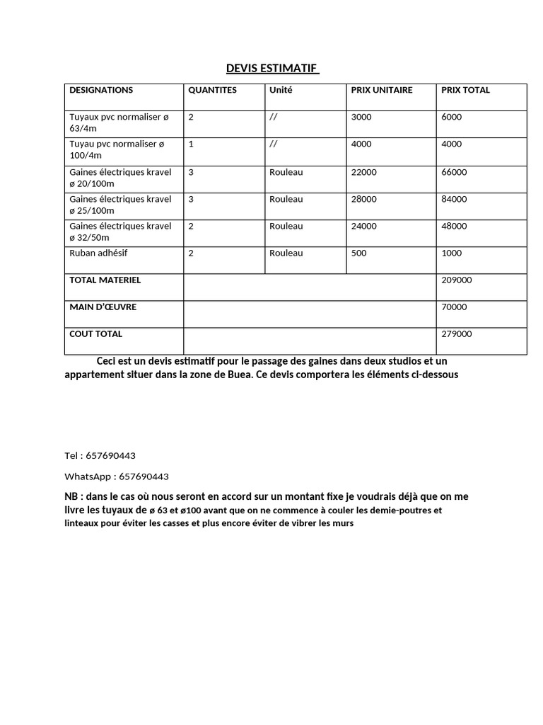 Devis Estimatif | PDF