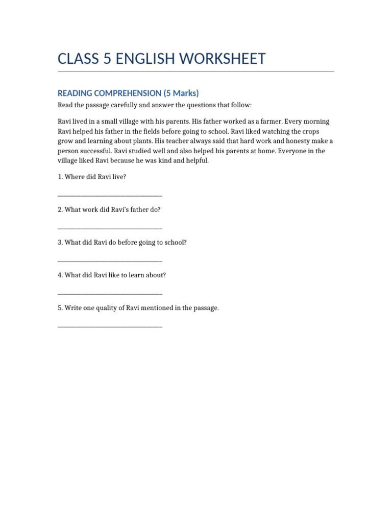 Class5 English Reading Grammar Paper | PDF | Linguistic Morphology | Syntax
