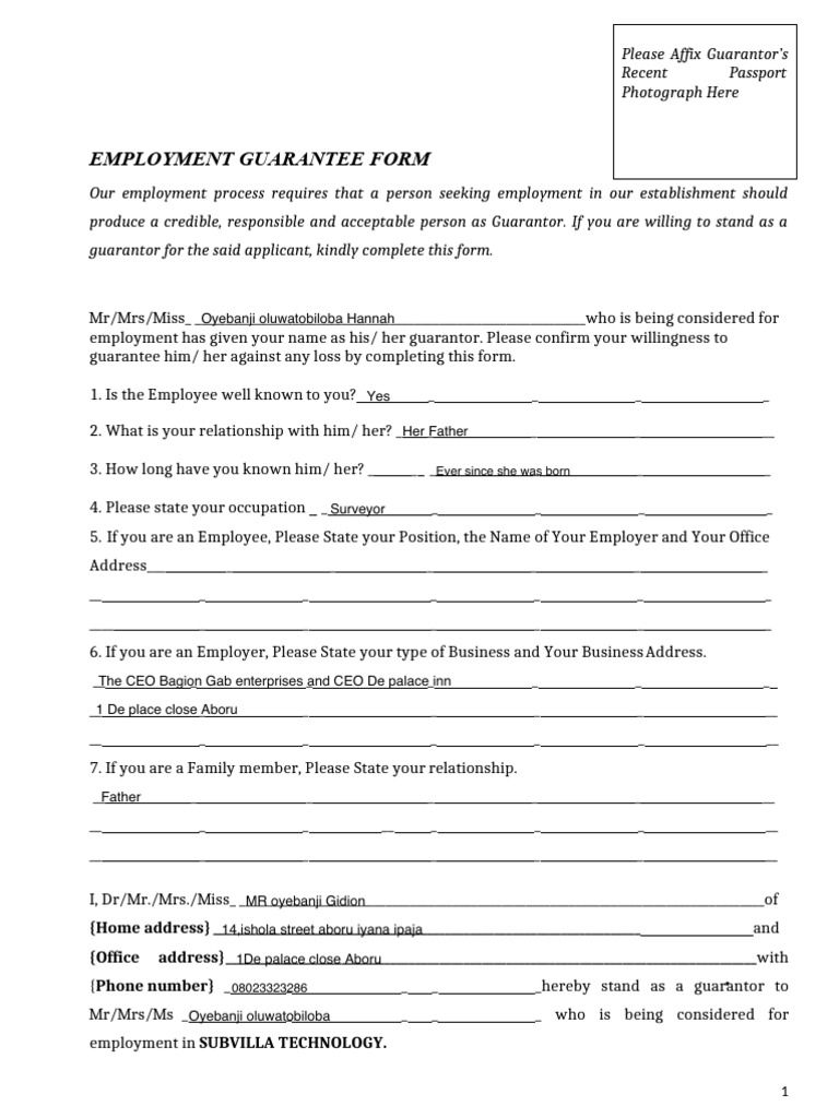 Employee Guarantee Form | PDF | Identity Document