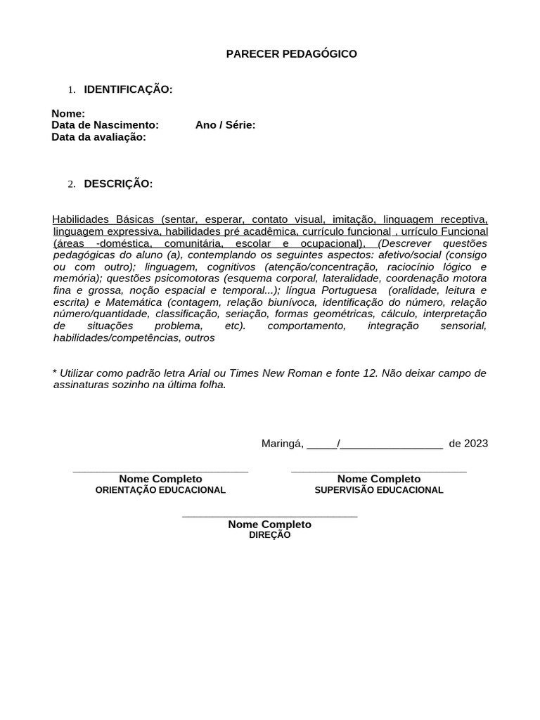 Modelo Parecer Pedagógico | PDF
