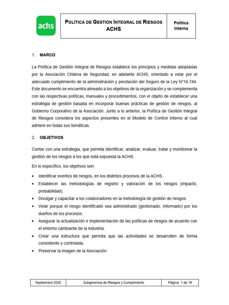2026 ACHS Política de Gestión Integral de Riesgos | PDF | Riesgo ...
