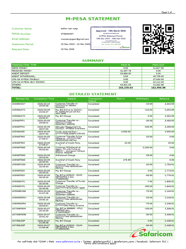 MPESA Statement 2026-03-10 To 2025-12-10 2547xxxxxx307 | PDF ...