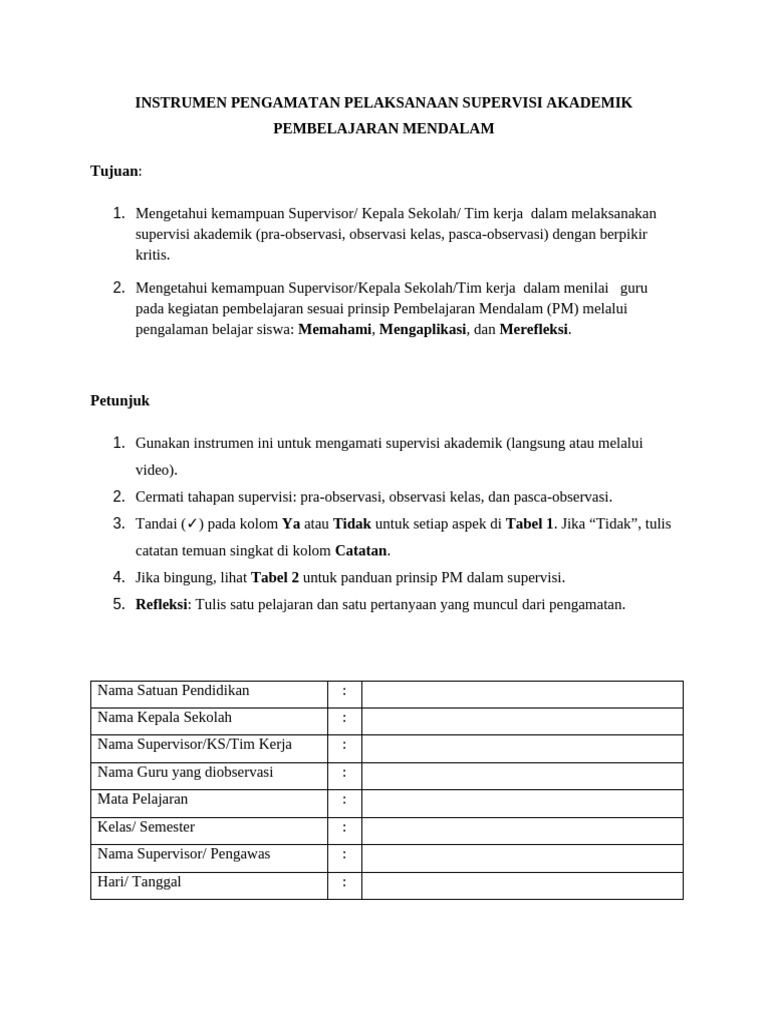 Instrumen Pengamatan Pelaksanaan Supak KS | PDF