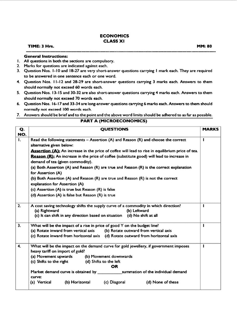 Economics Mock Class XI | PDF | Demand | Demand Curve