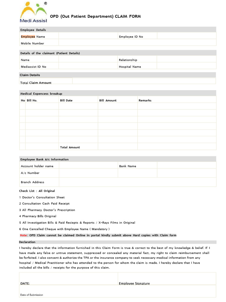 OPD Claim Form Word File (2) (1) | PDF | Receipt | Medicine