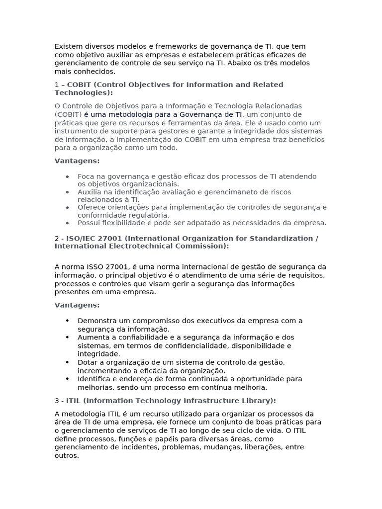 Três Dos Principais Modelos de Governança de TI | PDF | Itil | Cobit