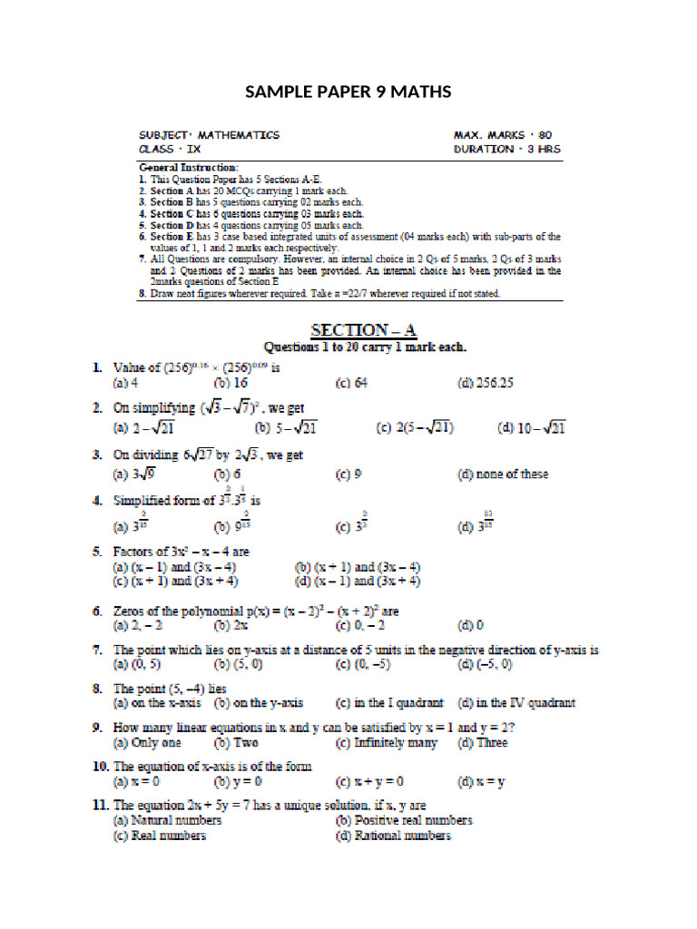 Sample Paper 9 Maths | PDF