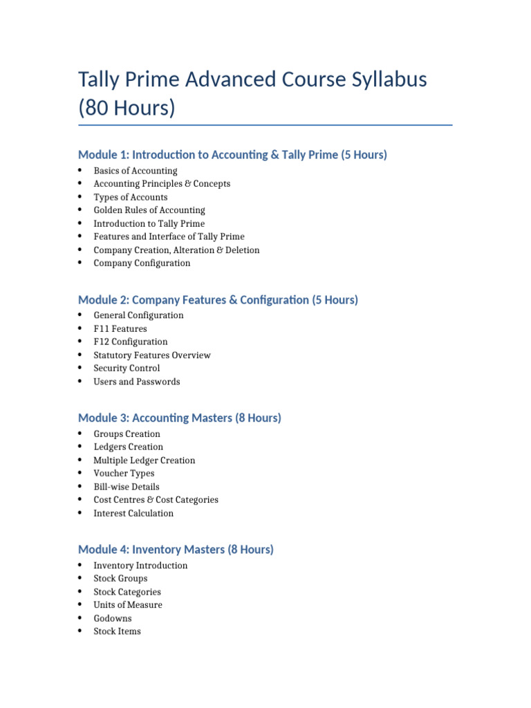 Tally Prime Advanced Course 80 Hours Syllabus | PDF | Debits And ...