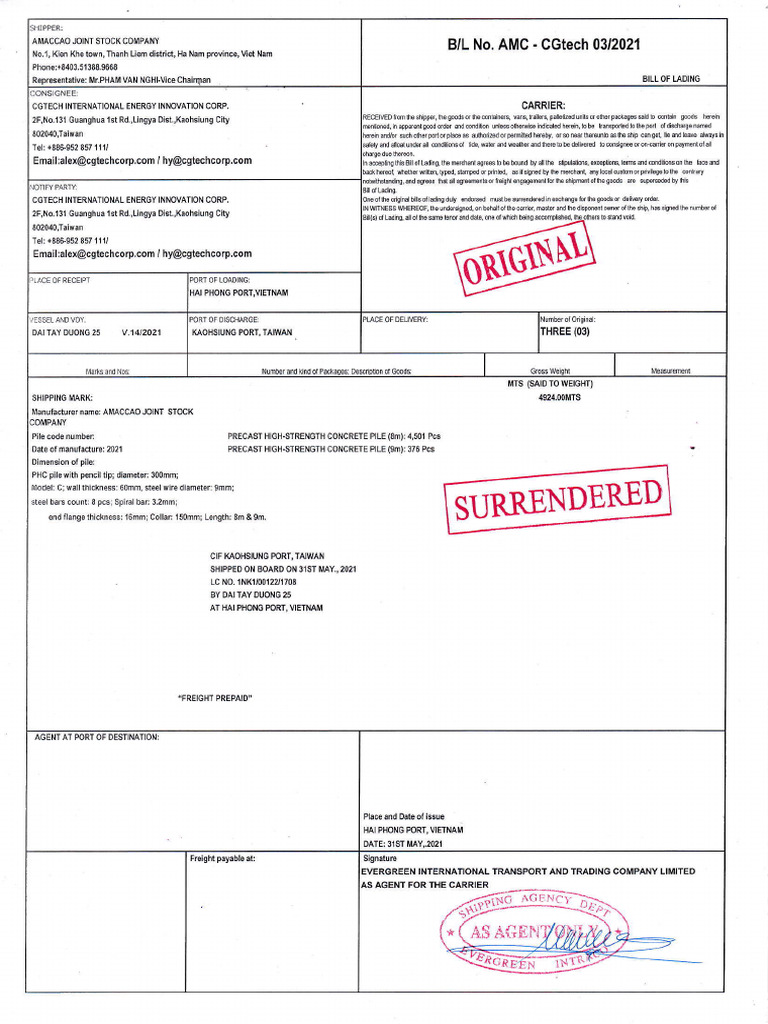 Surrendered Bill of Lading_20210602_0001 | PDF | Cargo | Bill Of Lading