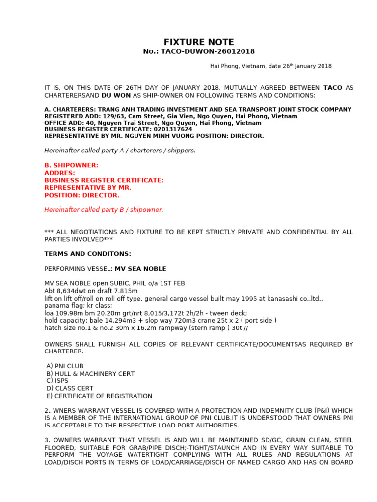 MV Sea Noble - Fixture Note-Taco-8k MT | PDF | Cargo | Shipping