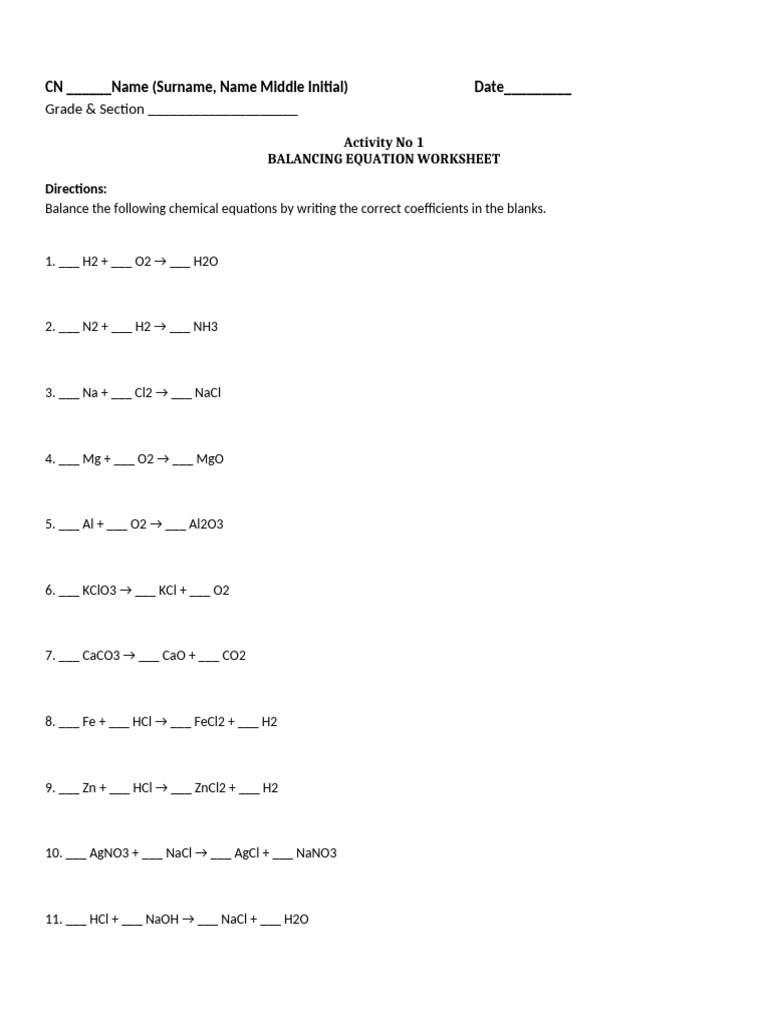 Balancing Chemical Equations Worksheet | PDF