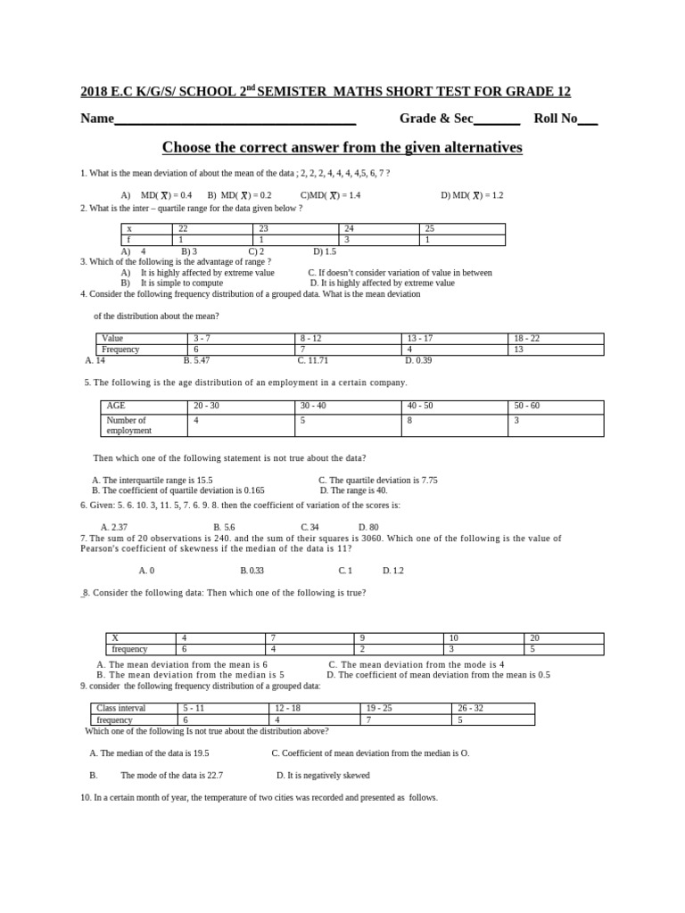 Work Sheet G 12 Unit 3 | PDF | Quartile | Skewness