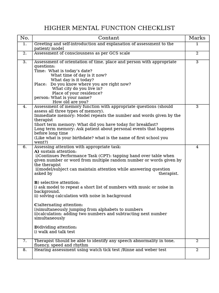 Higher Mental Function Checklist (1) | PDF