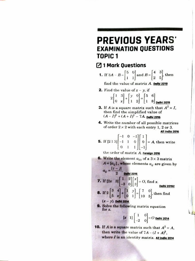 Ch 3 Matrices previous year upto 2020-1 | PDF | Matrix (Mathematics ...
