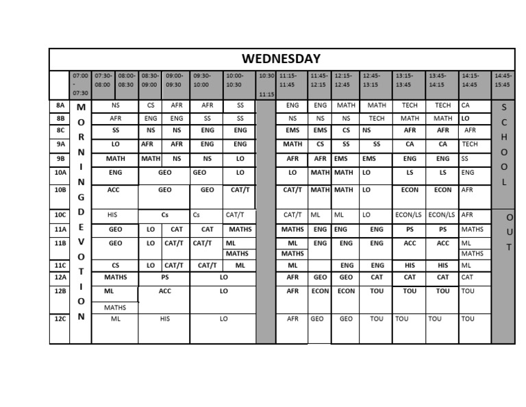 Combined Timetable, Wednesday t1 | PDF