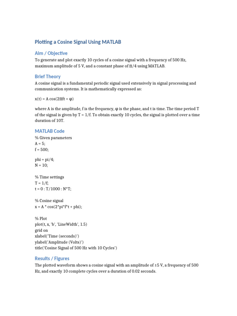 Cosine Signal MATLAB Experiment | PDF