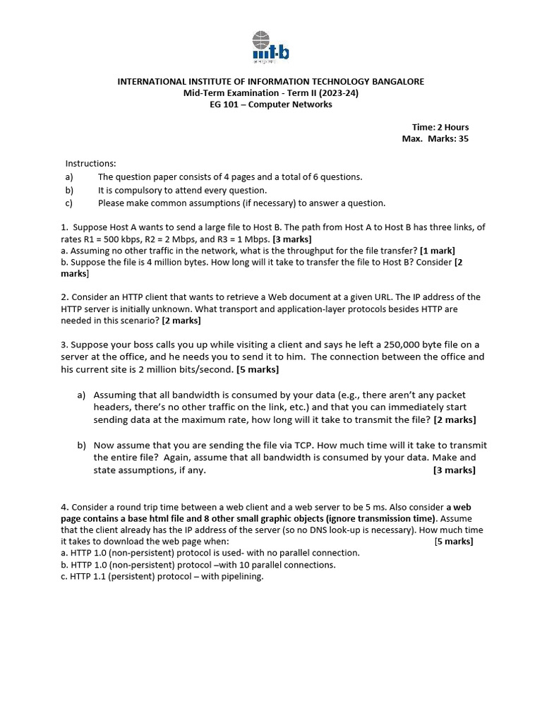 Midterm Question Paper 2024 | PDF | Domain Name System | Transmission ...