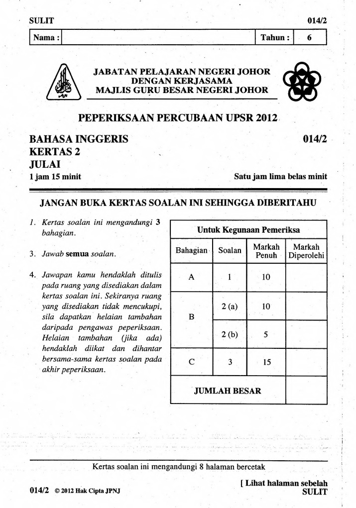 Percubaan Upsr Johor 2012 - Bahasa Inggeris Kertas 2