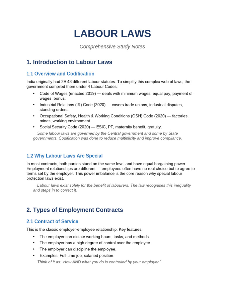 Labour Laws Study Notes | PDF | Employment | Labour Law