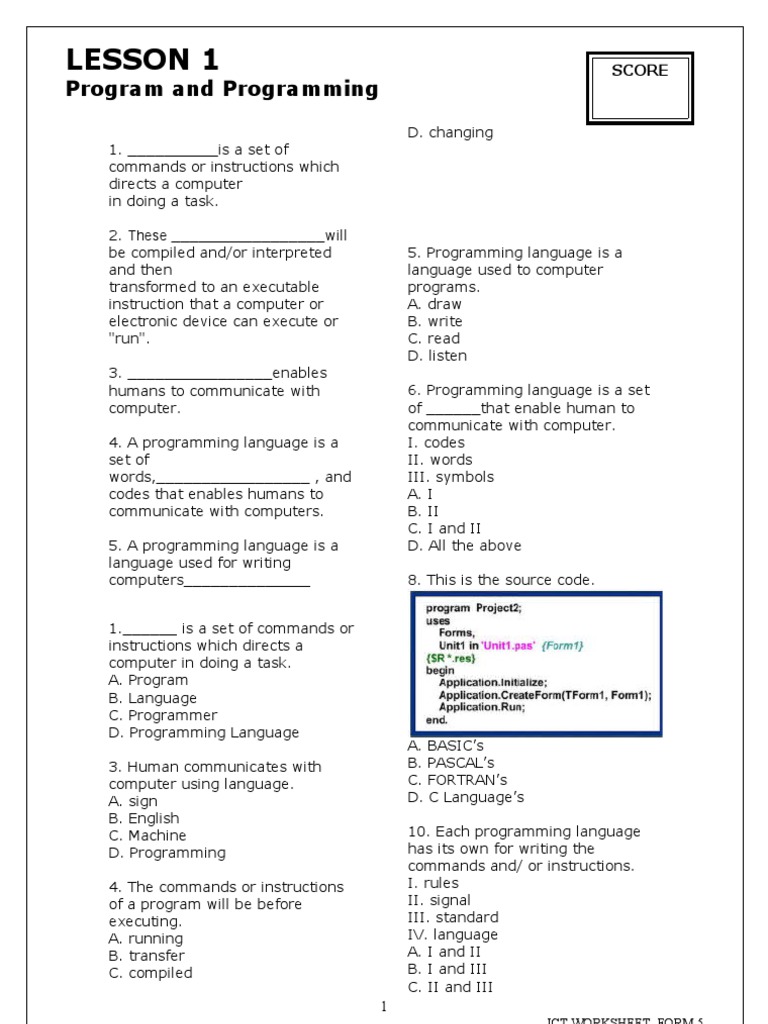 Worksheet Form 5 | Computer Programming | Programming Language