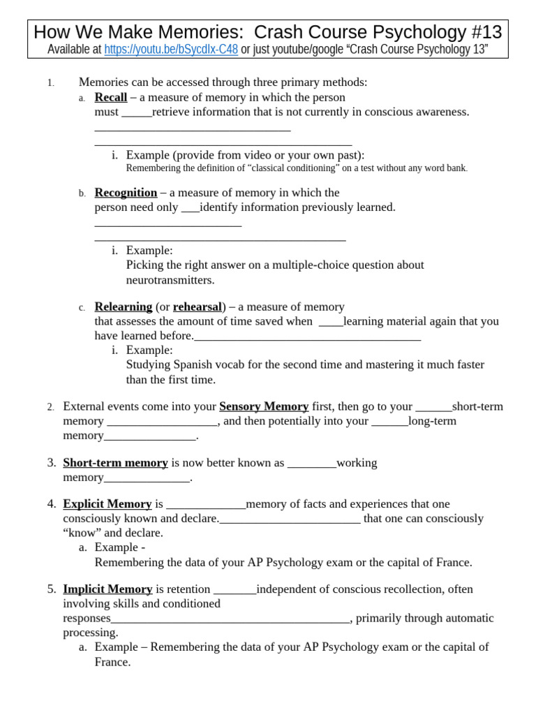 Crash Course Psychology 13 How We Make Memories | PDF | Memory | Mnemonic
