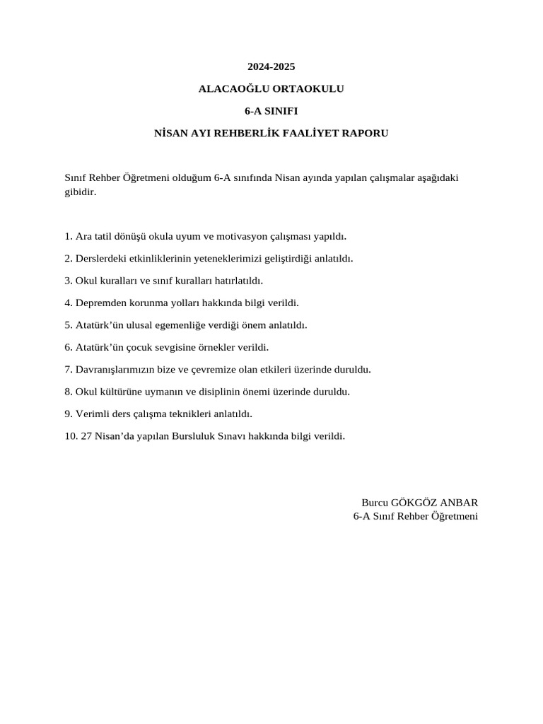 Siniflar Nisan Ayi Rehberlik Faaliyet Raporu 2025 | PDF