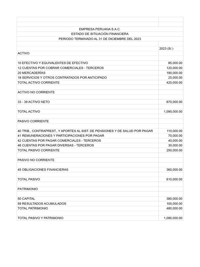 Estado de Situación Financiera - Hoja 1 | PDF