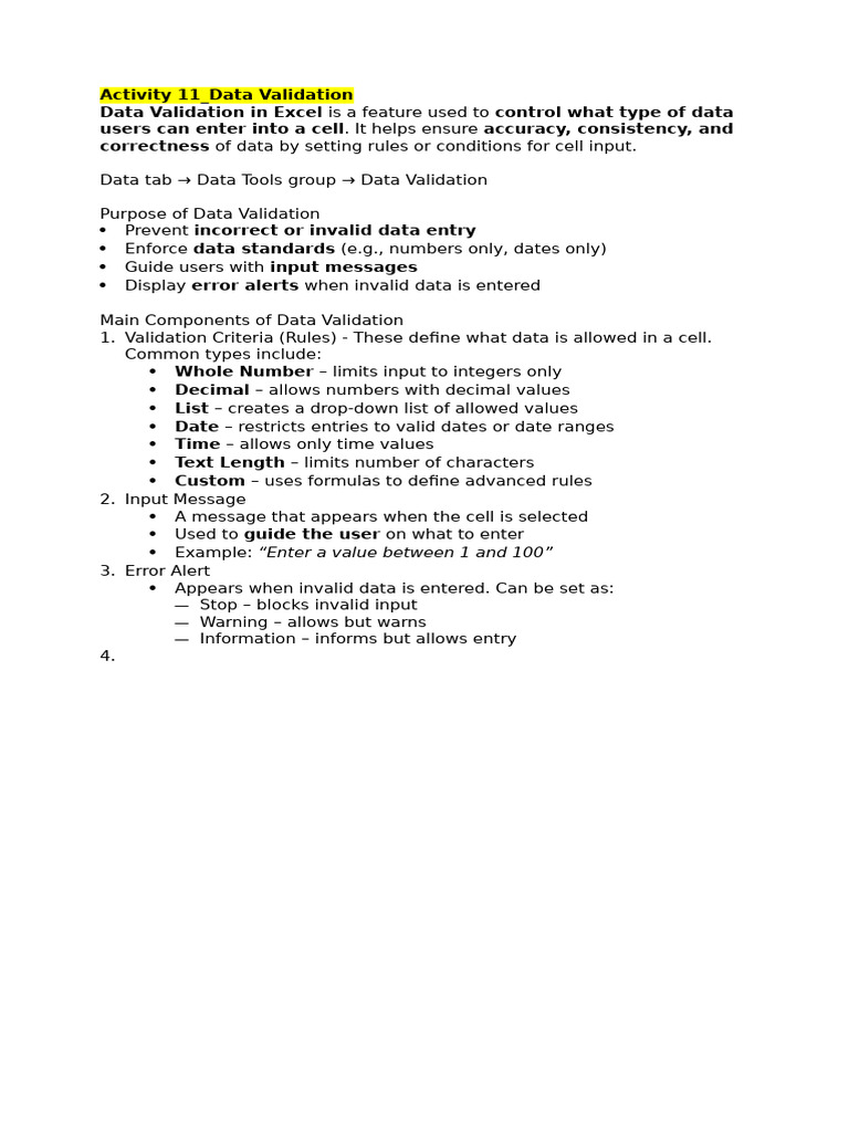 Activity 11 Data Validation | PDF | Microsoft Excel | Computing