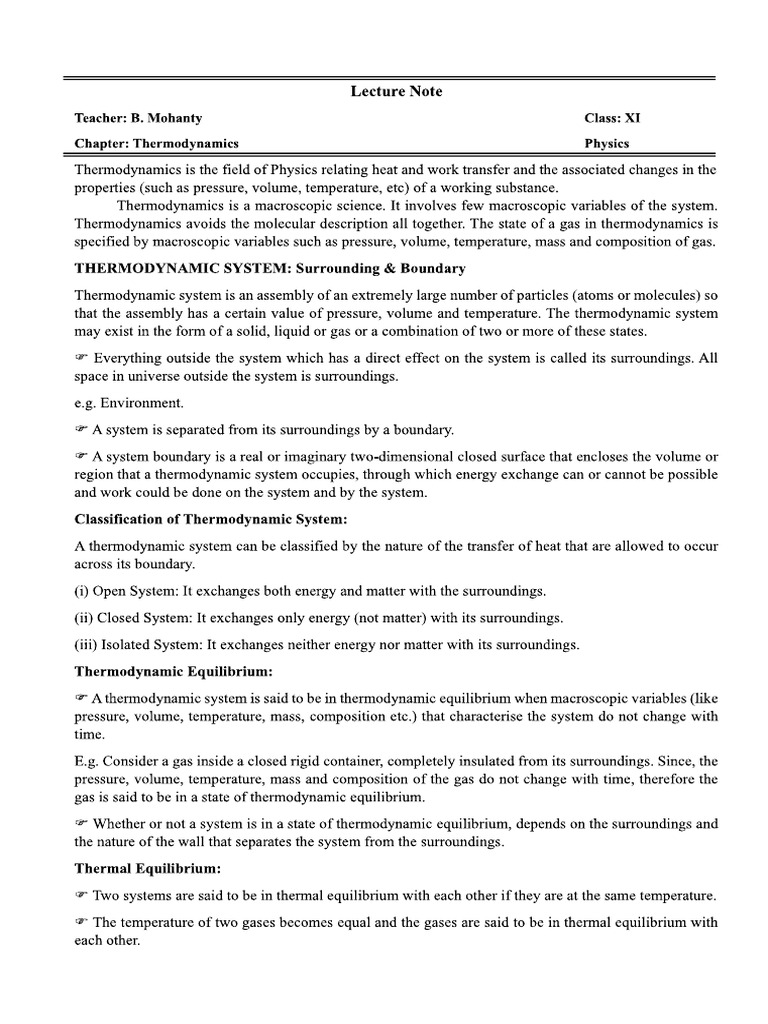 Thermodynamics Physics Handout | PDF