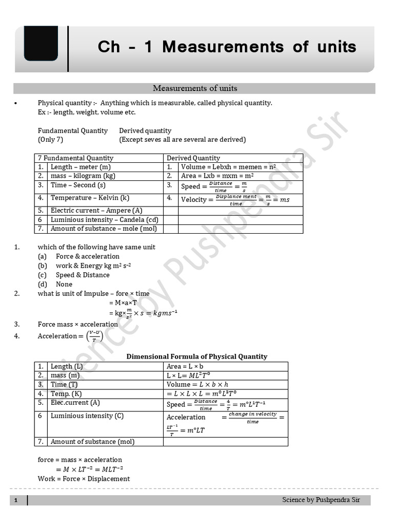 CH - 1 Measurements of Units COMPLETE NOTES | PDF | Angle | Force