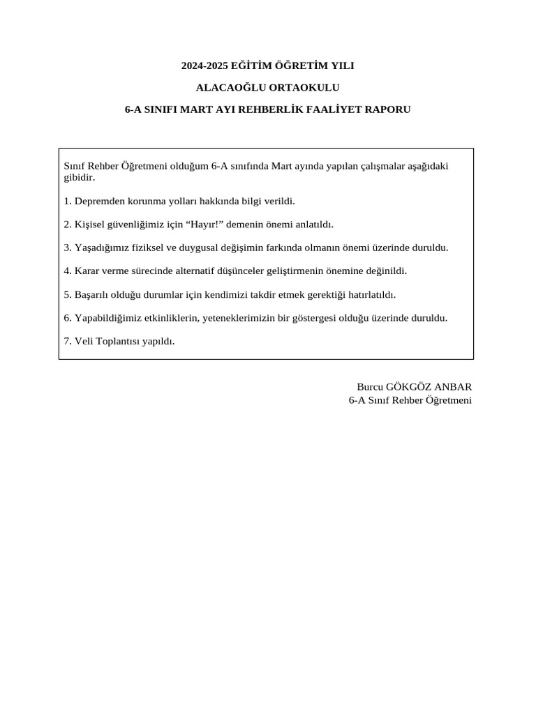 2024 2025 6. Siniflar Mart Ayi Rehberlik Faaliyet Raporu | PDF