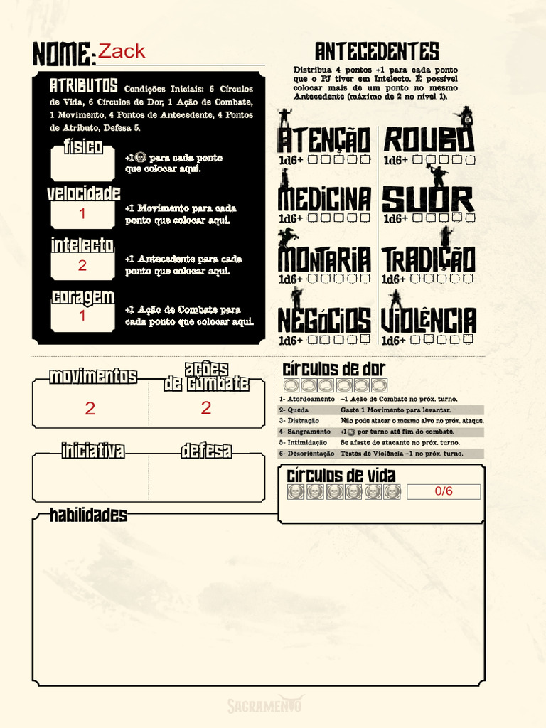 Ficha Zack - Sacramento RPG | PDF
