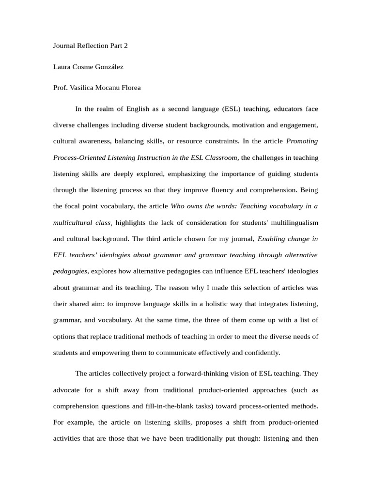Journal Reflection Pt.2 Laura Cosme | PDF | English As A Second Or ...