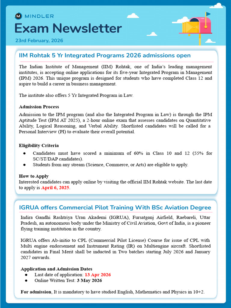 Mindler Exam Newsletter 23rd February, 2026 | PDF | University And ...