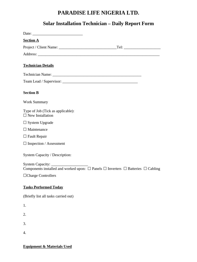 Daily Repory Form. | PDF