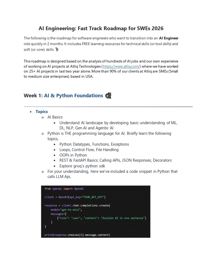 AI Engineering SWE Roadmap 2026 | PDF | Microsoft Azure | Artificial ...