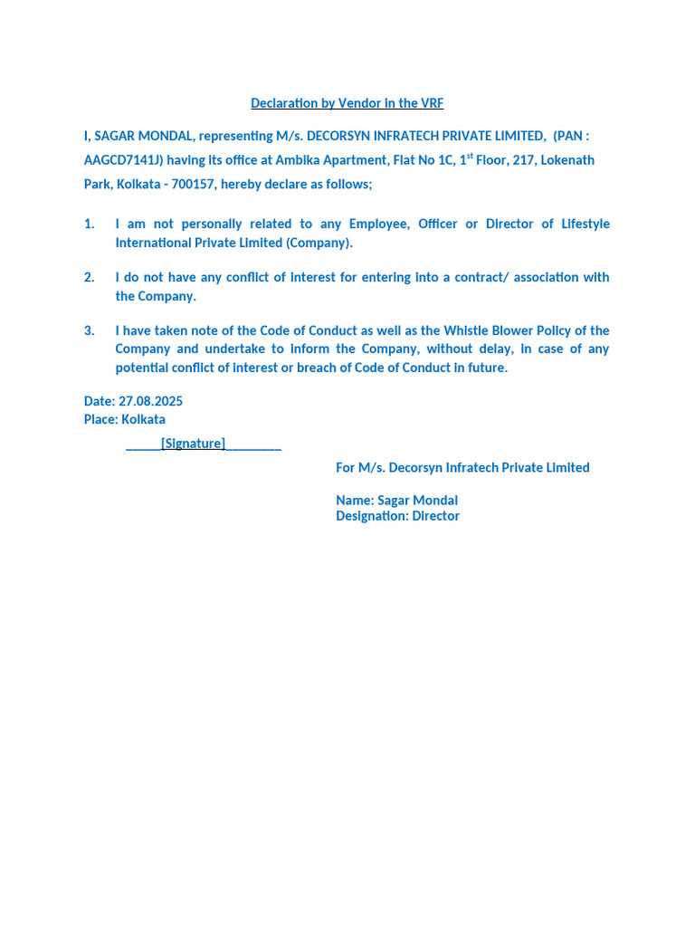 Vendor Declaration | PDF