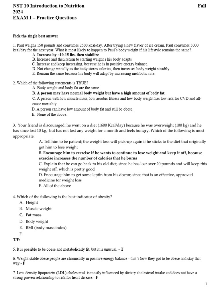 NST 10 Practice Questions With Answer Key 0924 | PDF | Obesity | Weight ...