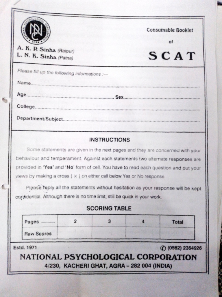 Response Sheet of SCAT | PDF | Behavioural Sciences | Emotions