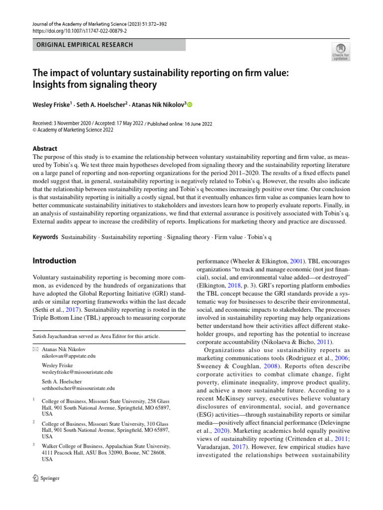 The Impact of Voluntary Sustainability Reporting On Firm Value Insights ...